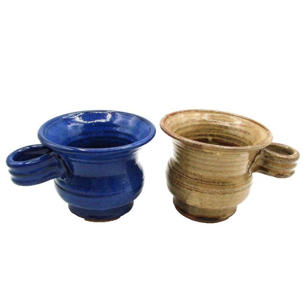 Two Vintage Stoneware Mugs Cups Blue Brown Wide Mouth Reverse Handle Artist Sign